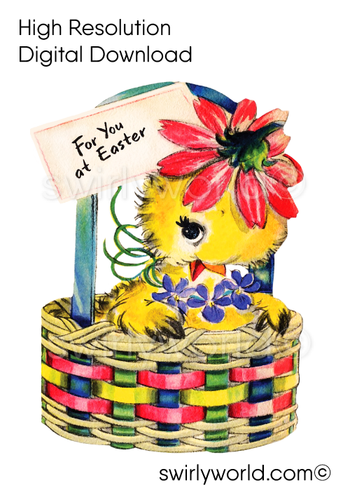 Very Rare vintage 1940s-1950s mid-century shabby chic kitschy retro Easter springtime Baby Chick in Easter Basket illustration ephemera for digital download.