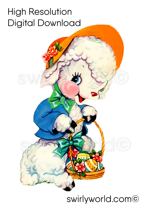 Very Rare vintage 1940s-1950s mid-century shabby chic kitschy retro Easter springtime Easter Lamb with Basket illustration ephemera for digital download.