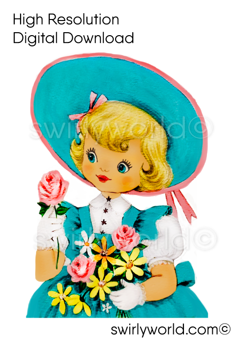 Shabby chic 1950s Kitschy girl in baby blue Easter Dress holding springtime bouquet of flowers. A rare digital image download of vintage retro mid-century style Easter spring illustrations ephemera.