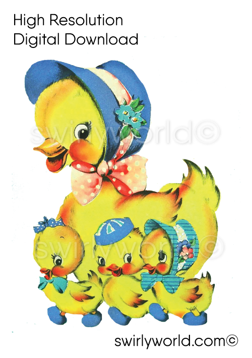Shabby Chic retro kitsch style Mommy Duck with baby chicks vintage Springtime Easter ephemera images for digital download.