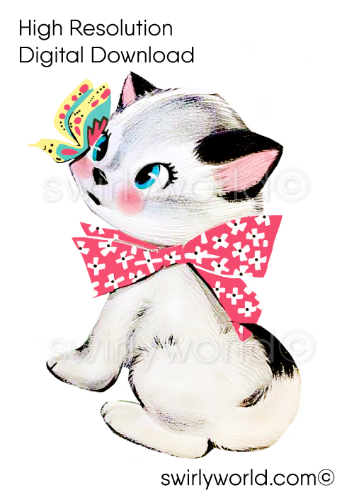 vintage-1940s-1960s-mid-century-modern-pastel-pink-kitschy-kitsch-shabby-chic-kitten-with-butterfuly-retro-easter-illustrations-images