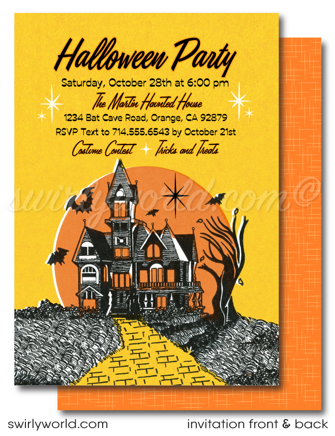 Vintage 1950s Retro Mid-Century Haunted House Halloween Party Invite Digital Download
