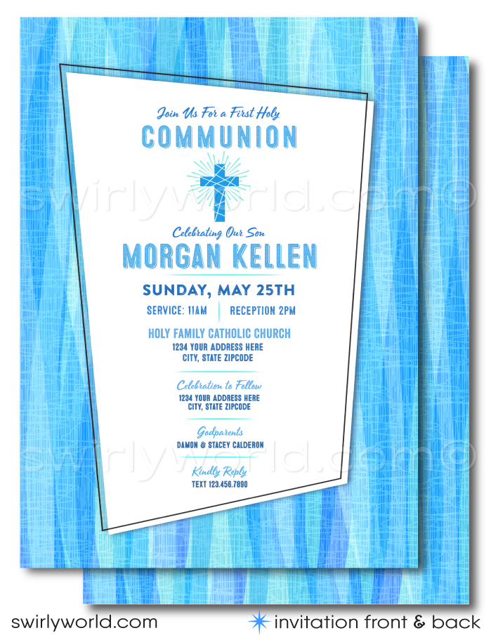 Explore our Retro Mid-Century Modern First Holy Communion Invitation Set designed for boys. Features editable vintage-style fonts, atomic mod starbursts, and a customizable photo option. Perfect for Communion, Baptism, or Confirmation. Includes invitations, thank you cards, and envelopes.
