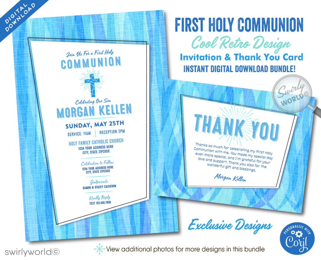 Explore our Retro Mid-Century Modern First Holy Communion Invitation Set designed for boys. Features editable vintage-style fonts, atomic mod starbursts, and a customizable photo option. Perfect for Communion, Baptism, or Confirmation. Includes invitations, thank you cards, and envelopes.