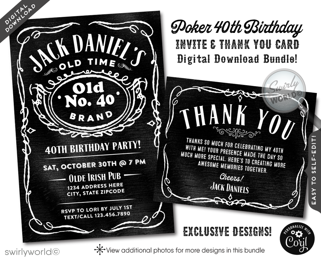 This exclusive digital invitation and thank you card design draws inspiration from the iconic Jack Daniel's Whiskey label, designed specifically with the distinguished gentleman in mind. The sophisticated typography and layout, mirroring the legendary whiskey's label, elevate your birthday invitation to an artifact of fine taste and memorable celebration.