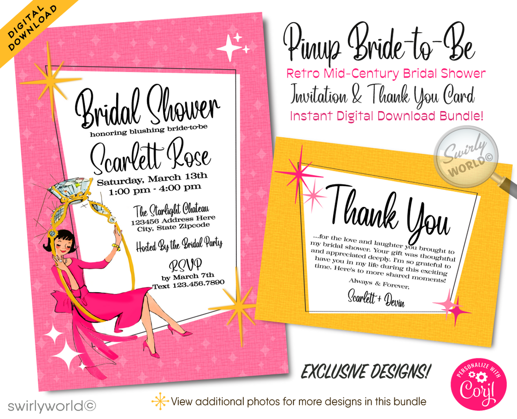Dive into the vibrant world of the 1960s with our Retro 60s Vintage Style Bridal Shower Design Set, perfectly capturing the spirit of an era defined by bold colors and groundbreaking design. This exclusive collection features a beguiling mod bride, whimsically swinging inside a large, vintage mid-century style engagement ring, set against a backdrop of retro pink and sunny yellow hues. 