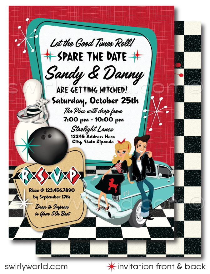 At the heart of this retro Engagement Party Invitation design is an illustration of a rockabilly style couple seated on a classic 1957 Chevy car, alongside a playful illustration of a bowling pin and ball, with an engagement ring elegantly wrapped around the bowling pin. This imagery sets the scene for a love story that's as timeless and stylish as the era it celebrates.