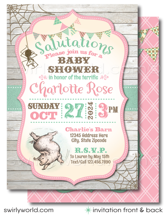 Vintage Charlotte's Web Barnyard Printed Baby Shower Invitations for a Baby Girl