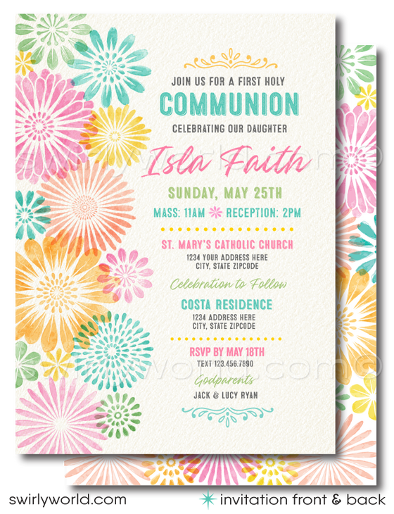 Discover our digital downloadable First Holy Communion invitation and thank you card set, perfect for your special celebration. This vintage Spring-themed design features elegant watercolor flowers and whimsical typography, ready for personalization. Ideal for any sacred occasion, easily customize the wording for Baptisms or Confirmations. Download, edit, and print right from the comfort of your home for a seamless and stylish way to invite your guests.