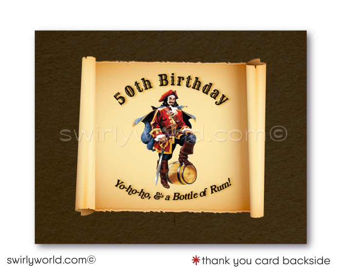 Set sail on a birthday adventure with our "Captain Morgan" Rum Label inspired digital invitation, tailor-made for the rum enthusiast with a love for the high seas. This invitation captures the essence of the iconic Captain Morgan pirate, standing boldly yielding a sword, against a rustic vintage backdrop reminiscent of the legendary rum bottle's label.&nbsp;