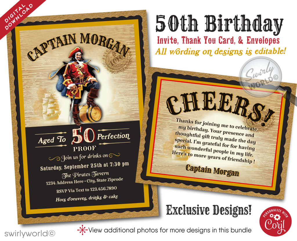 Set sail on a birthday adventure with our "Captain Morgan" Rum Label inspired digital invitation, tailor-made for the rum enthusiast with a love for the high seas. This invitation captures the essence of the iconic Captain Morgan pirate, standing boldly yielding a sword, against a rustic vintage backdrop reminiscent of the legendary rum bottle's label
