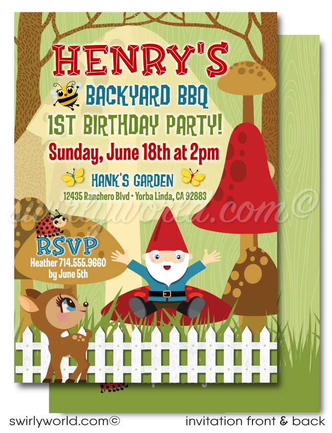 This whimsical design features a delightful garden gnome character at the heart of the invitation, surrounded by charming illustrations of mushrooms, baby deer, and a ladybug, all set against a serene forest backdrop. This gender-neutral invitation captures the spirit of outdoor adventure and the magic of the natural world