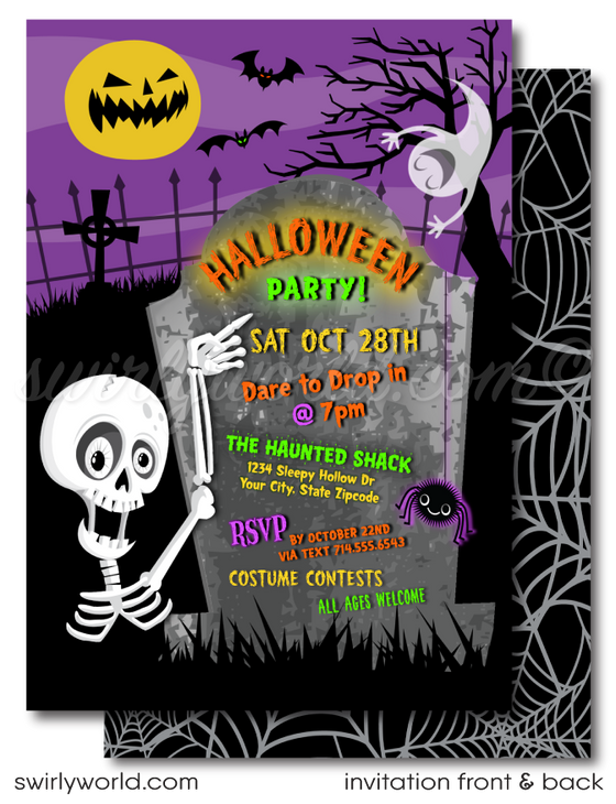 Delight guests with our skeleton-themed Halloween party invitations! Featuring a playful skeleton, giggling ghost, and jack-o'-lantern moon, these printed invitations are perfect for kid-friendly events. Each set includes matching envelopes with a spooky spider web design. Make your Halloween bash unforgettable!
