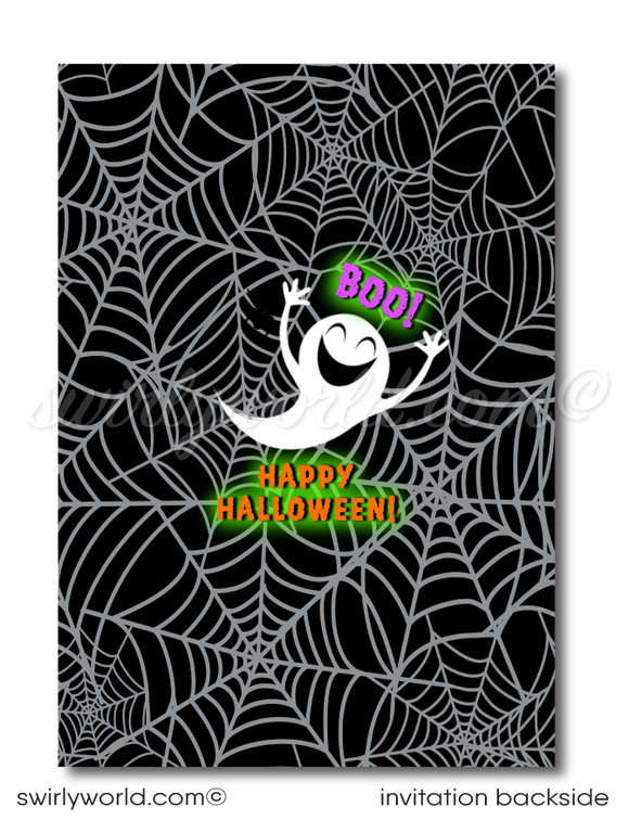 Delight guests with our skeleton-themed Halloween party invitations! Featuring a playful skeleton, giggling ghost, and jack-o'-lantern moon, these printed invitations are perfect for kid-friendly events. Each set includes matching envelopes with a spooky spider web design. Make your Halloween bash unforgettable!