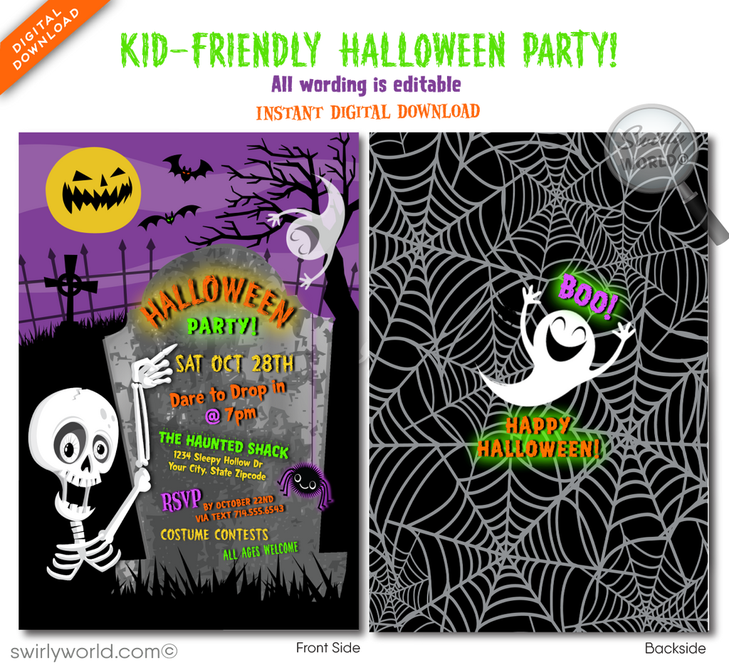 Skeleton Graveyard Non-Scary Child Friendly Halloween Party Invitation Printable Digital 