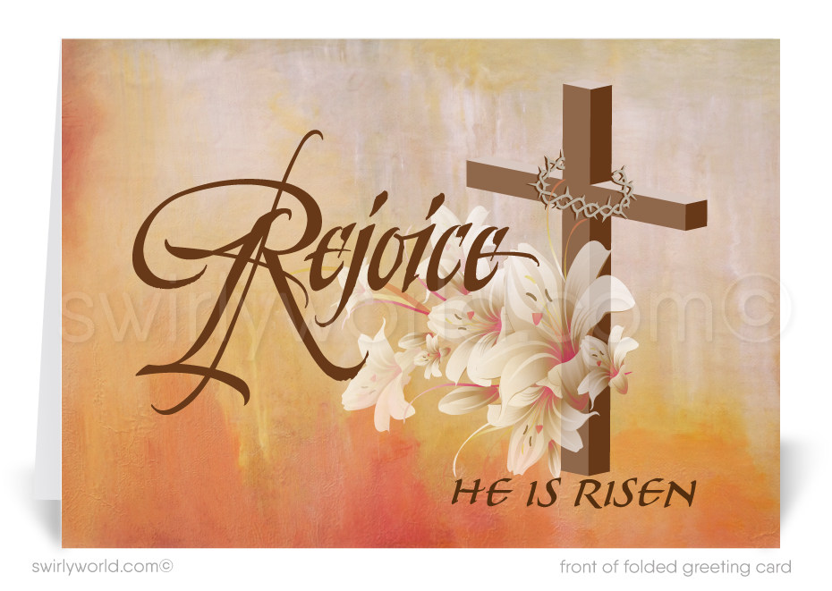 Christian Religious Rejoice Happy Easter Greeting Cards. Beautiful Christian Catholic religious cross resurrection Jesus blessed happy Easter greeting cards.
