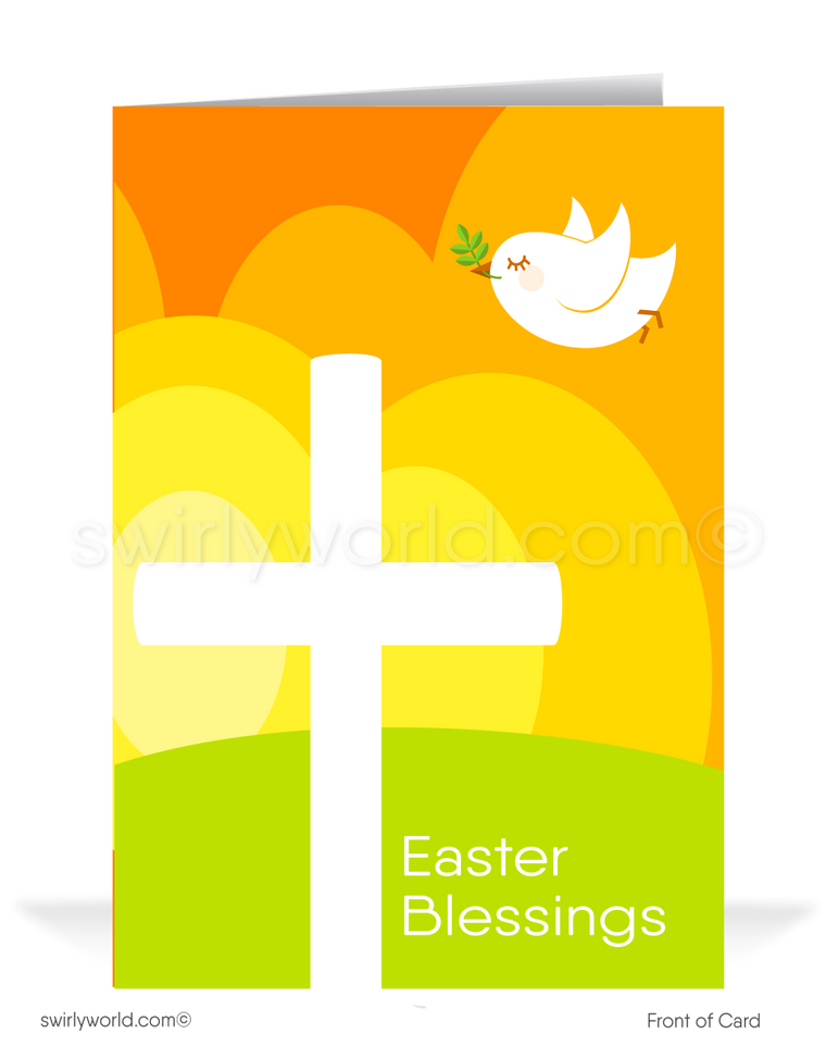 Mid-century modern retro atomic vintage holy cross with peace dove happy Easter greeting cards.
