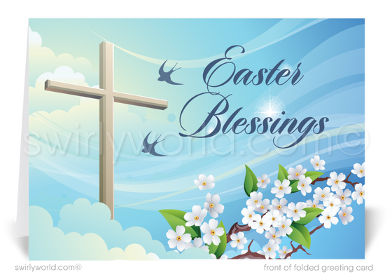 Vintage-style Easter card with a glowing cross, peaceful doves, and spring flowers in the clouds. Features “Easter Blessings” in elegant calligraphy.