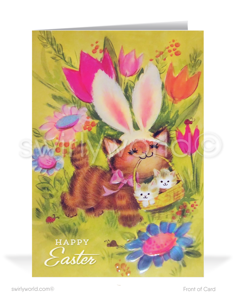1950s-1960s mid-century retro vintage kitschy kitsch cute bunny rabbit kitten with Easter basket Spring happy Easter greeting cards.