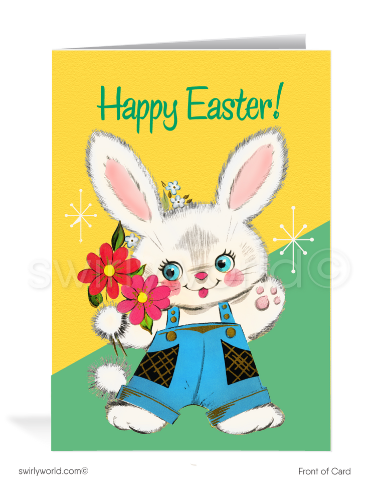 1960's Vintage Bunny Retro Happy Easter Cards1950s-1960s atomic mid-century retro vintage kitschy kitsch cute bunny rabbit with flowers Spring happy Easter greeting cards.