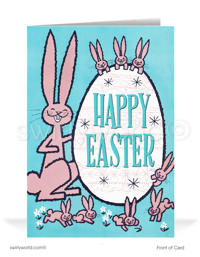 1950s-1960s atomic mid-century retro vintage kitschy kitsch cute bunny rabbit pink and blue Spring happy Easter greeting cards.