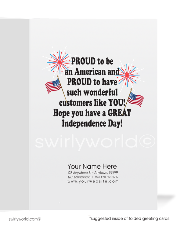 Festive 4th of July greeting card for professionals featuring a patriotic bald eagle and fireworks. Perfect for client connections and business marketing.