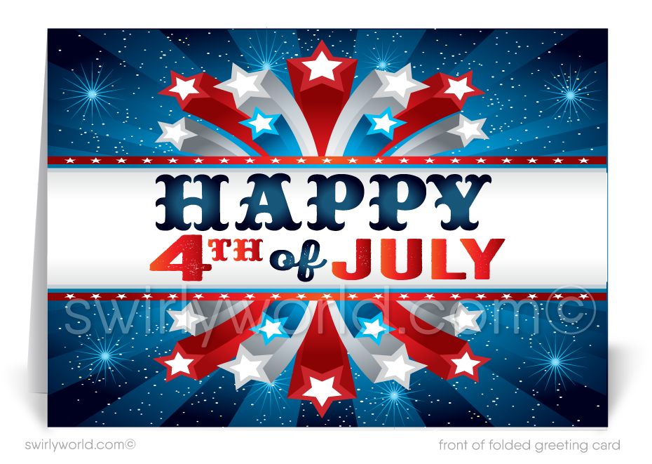 Patriotic American red, white, & blue stars celebrating Happy Independence Day; happy 4th of July greeting cards for business.