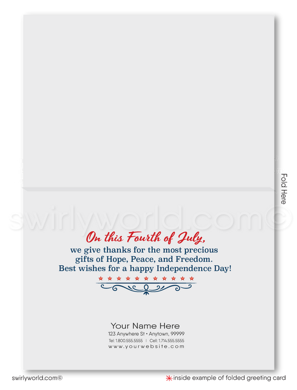 Vintage patriotic American red, white, & blue flag celebrating Happy Independence Day; happy 4th of July greeting cards for business.