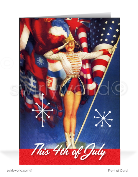 1950s Retro Vintage Patriotic American Pin up Girl July 4th Printed Gr swirly world design
