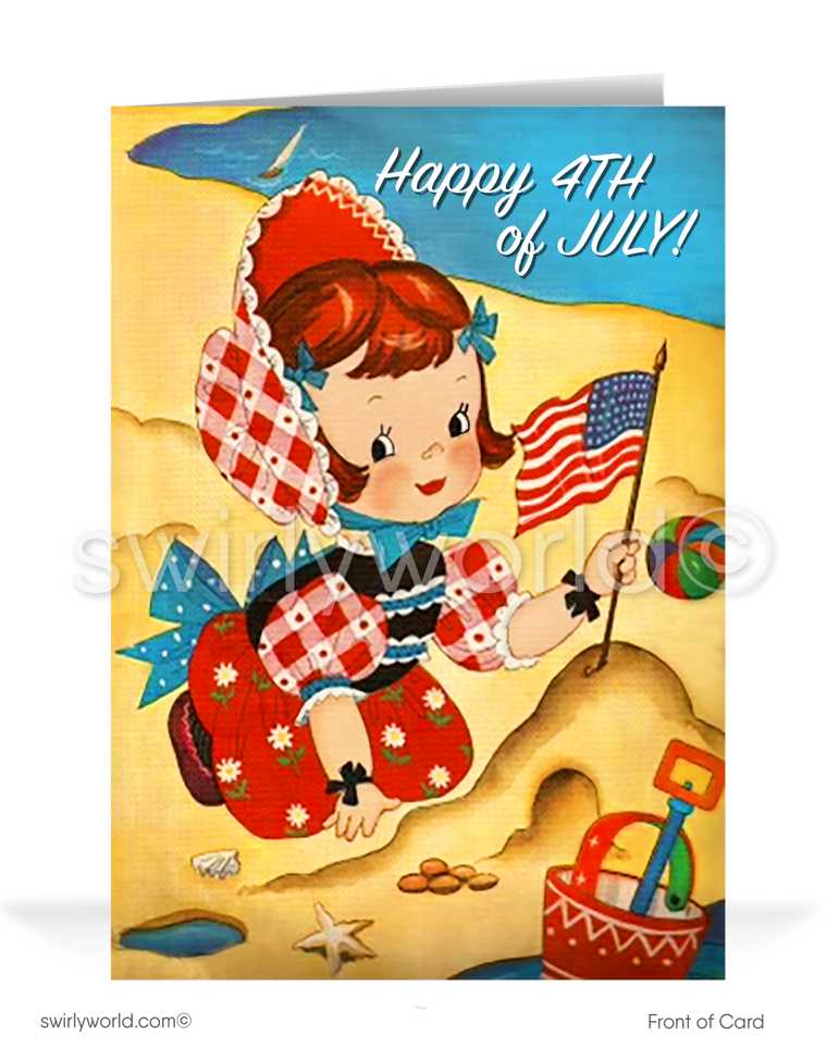 Cute Retro Kitschy Vintage 1950's Summer Girl Patriotic 4th of July Greeting Cards