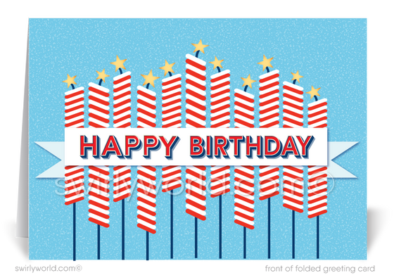 Retro Mod patriotic American red, white, and blue candles fireworks Happy Independence Day; happy 4th of July greeting cards for business.