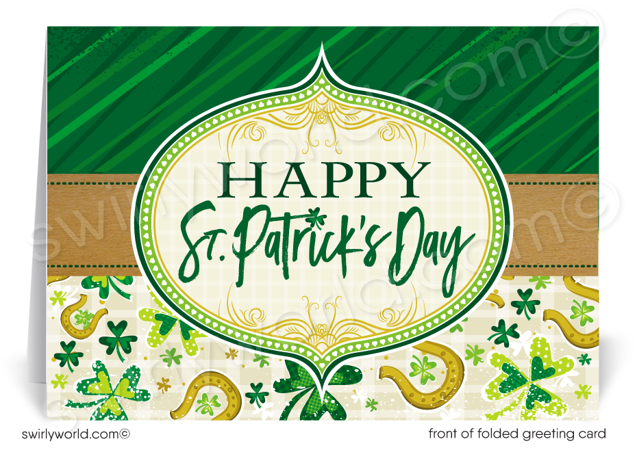 Unique Green Shamrock Lucky Horseshoe Happy St. Patrick's Day Cards for Business