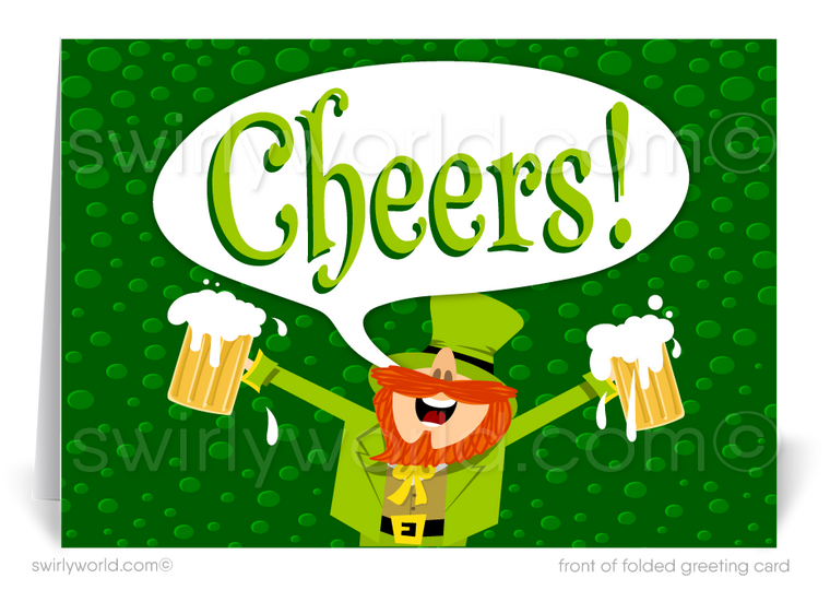 Corporate happy St. Patrick's Day greeting cards for business professionals; cheers, shamrocks, green, leprechaun "Luck of the Irish."