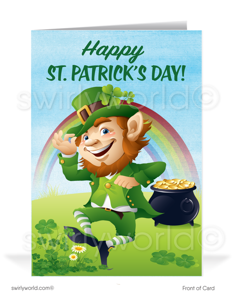 Cute business "Lucky to have you as a customer" green shamrocks leprechaun with pot of gold happy St. Patrick's Day greeting cards.