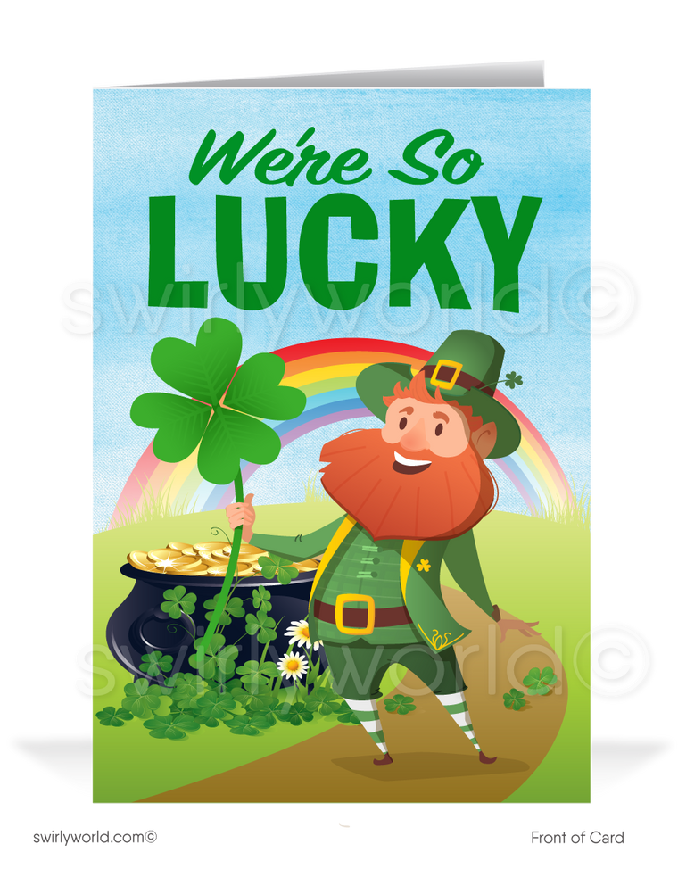 Cute business "Lucky to have you as a customer" green shamrocks, rainbow, pot of gold leprechaun happy St. Patrick's Day cards.