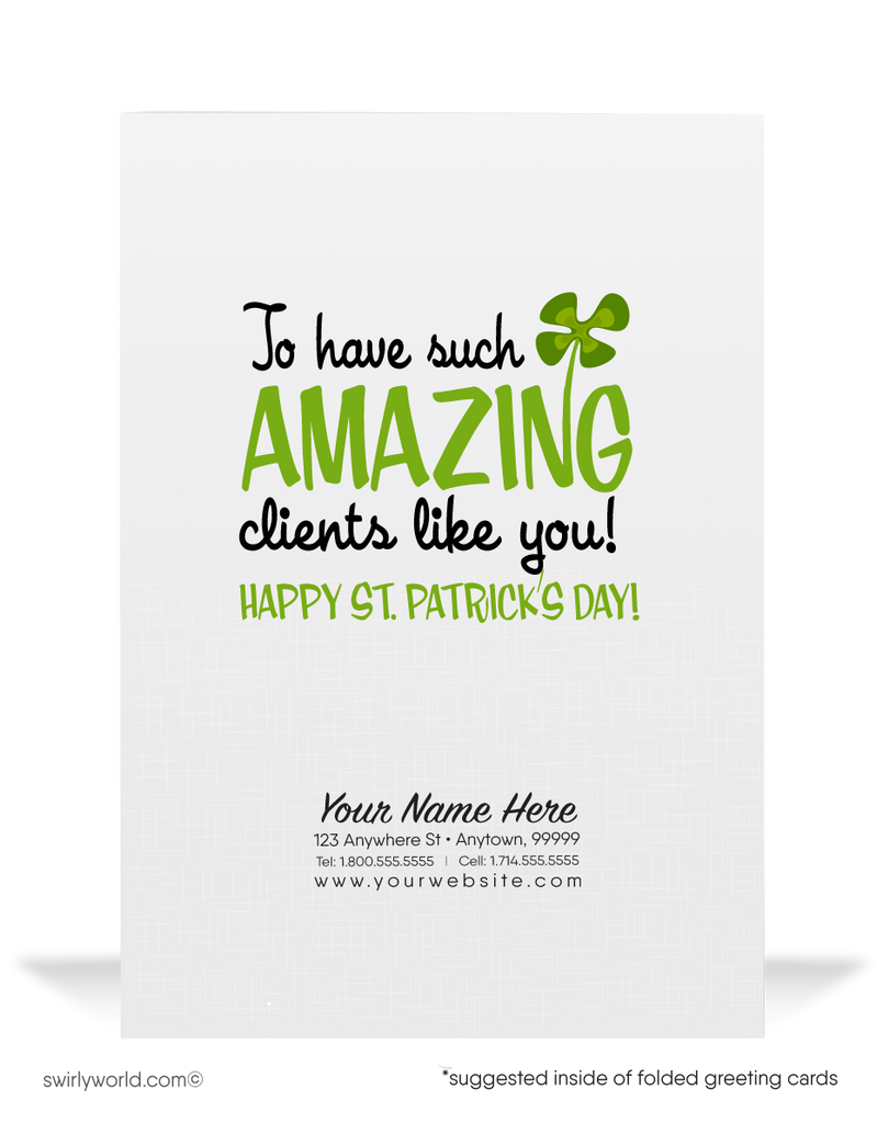 Cute business "Lucky to have you as a customer" green shamrocks leprechaun with rainbow pot of gold; happy St. Patrick's Day greeting cards.