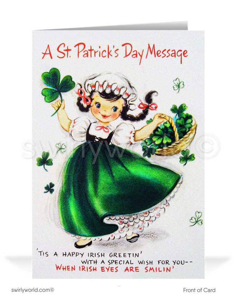 Vintage 1940s-1950s retro kitsch traditional "Irish eyes are smilin" girl green shamrocks  happy St. Patrick's Day greeting cards.
