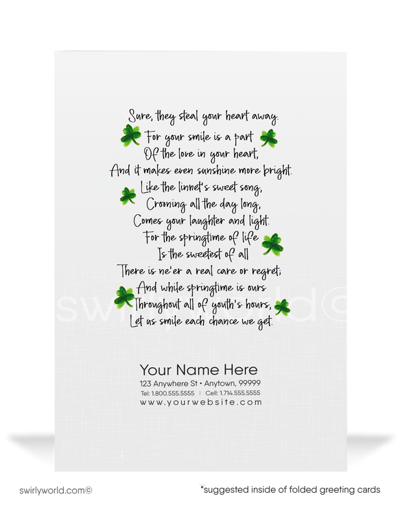 Vintage 1940s-1950s retro kitsch traditional "Irish eyes are smilin" girl green shamrocks  happy St. Patrick's Day greeting cards.