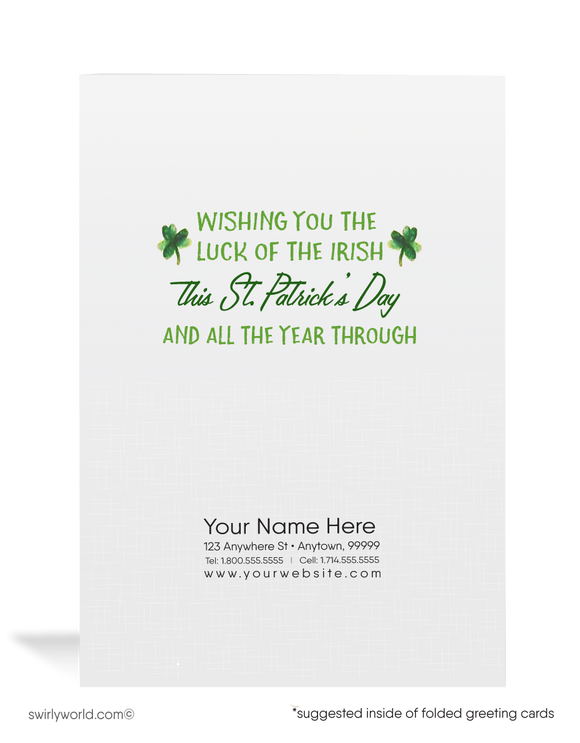 Vintage 1940s retro kitsch "Lucky to have you as a customer" green shamrocks leprechaun happy St. Patrick's Day greeting cards.