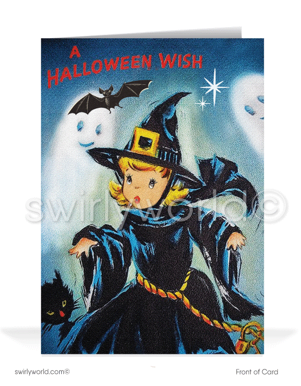1940s-1950s Retro Vintage Witch and Ghosts Happy Halloween Greetings Cards