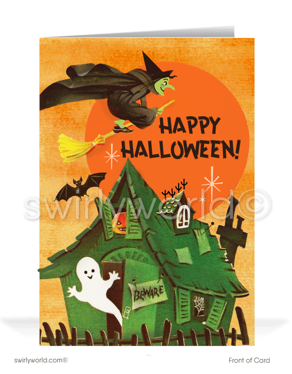Vintage 1950s-1960s Style Retro Haunted House Printed Halloween Greeting Cards.