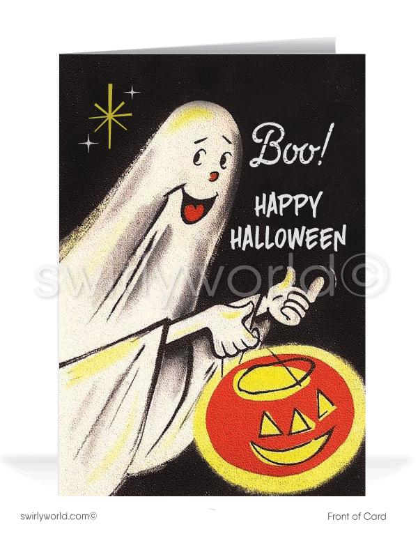 1950’s vintage mid-century retro ghost Happy Halloween Greeting Cards for Business Customers.Vintage Ghost with Jack-o-Lantern 1950s Mid-Century Retro Printed Halloween Cards