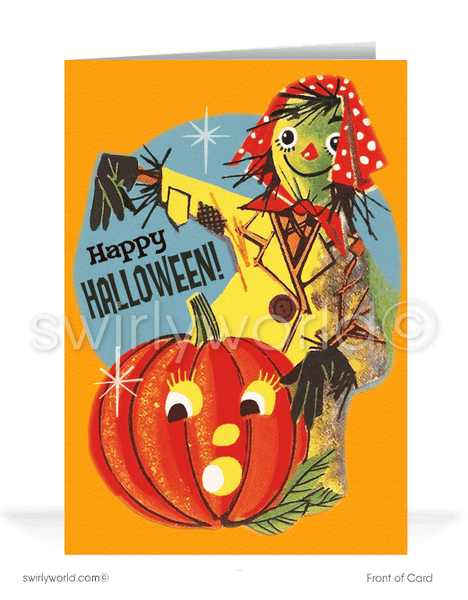 Vintage 1950s Halloween Card with Scarecrow, Jack-O-Lantern, and Retro -  swirly-world-design