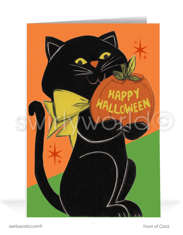 Mid-Century Retro Vintage 1950s-1960s Cute Black Cat Printed Halloween Greeting Cards