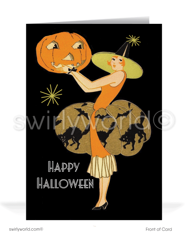 1930’s vintage mid-century retro Art Deco pin-up girl witch Happy Halloween greeting cards.