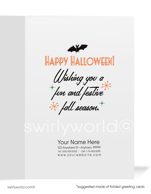 1940's 1950’s vintage mid-century retro pumpkin black cat Happy Halloween Greeting Cards for Business Customers.