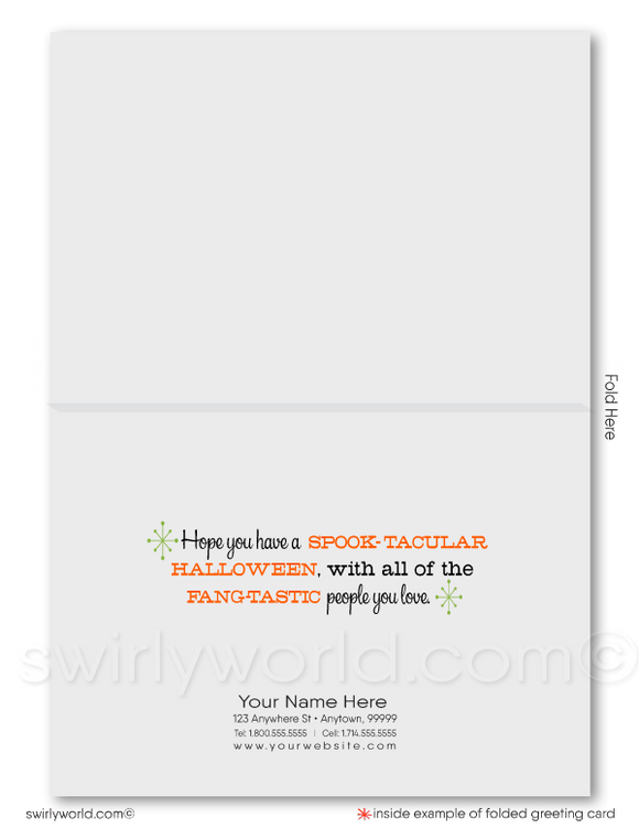 Capture the nostalgia of Halloween with Swirly World's vintage vampire bat card! Featuring a retro bat against an orange sky with atomic starbursts, this mid-century modern design is perfect for sending seasonal cheer to clients and friends. Customizable wording and envelopes available!