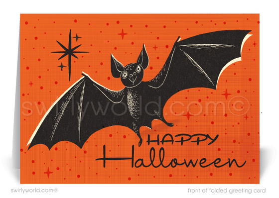 1950s-1960s MCM Mid-Century Modern Vintage Bat Printed Halloween Greetings Cards