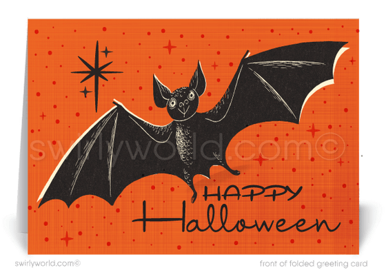 Capture the nostalgia of Halloween with Swirly World's vintage vampire bat card! Featuring a retro bat against an orange sky with atomic starbursts, this mid-century modern design is perfect for sending seasonal cheer to clients and friends. Customizable wording and envelopes available!