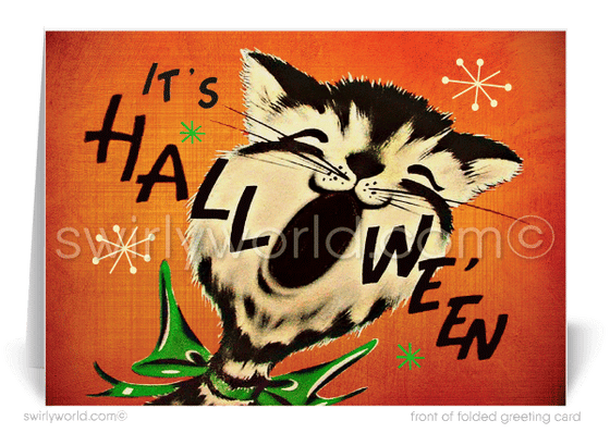 Celebrate Halloween with Swirly World's retro kitten card! Featuring a kitschy kitten meowing "It's Halloween" against a vibrant orange background with atomic starbursts, this card captures vintage charm. Perfect for sharing seasonal joy. Customizable wording and envelopes available!